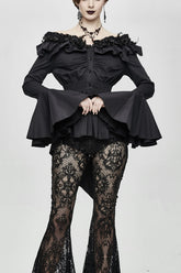 Décoration de fleurs de rose noire Blouse gothique pour femme à col en un mot avec manches longues et poignets évasés
